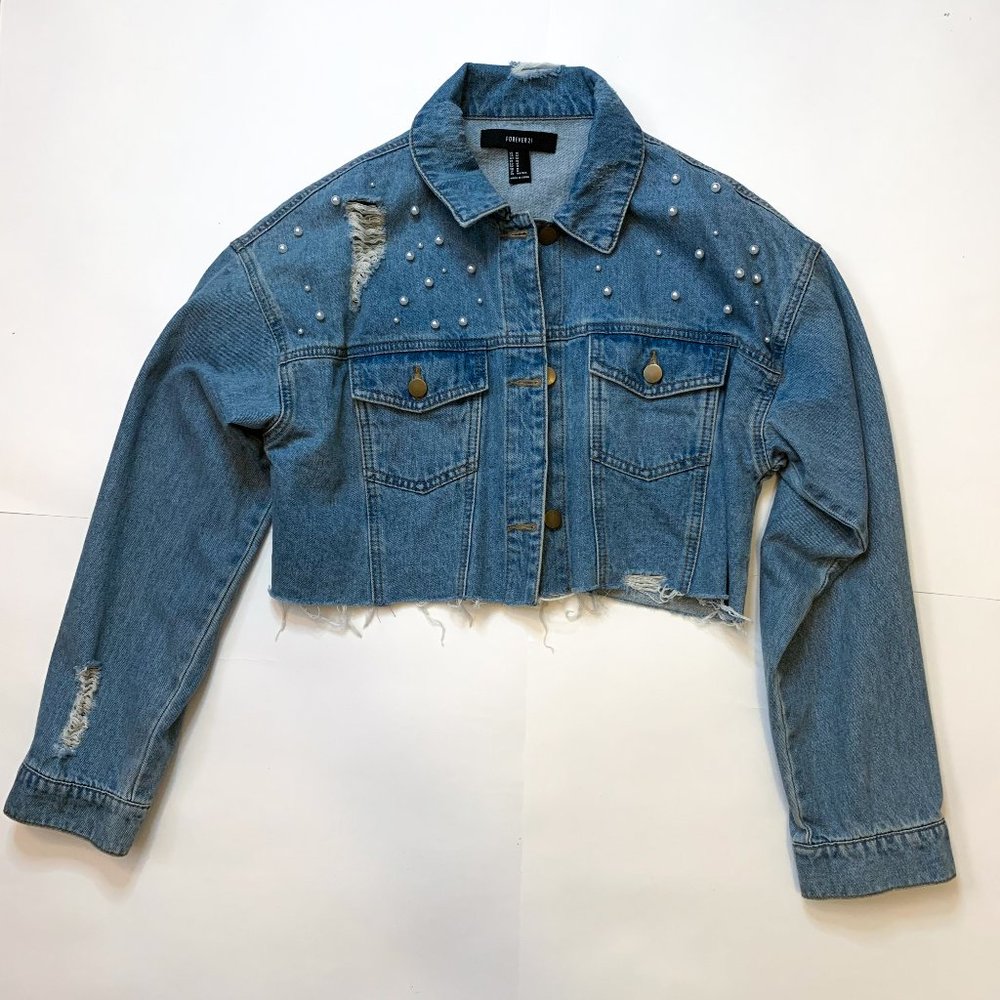 Forever 21 Distressed Cropped Jean Jacket with Pearls Medium